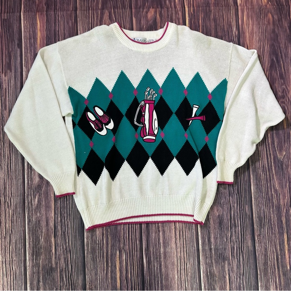 Vintage Argyle Golf Sweater Players by Van Heusen Cream, Black, Green & Fuchsia